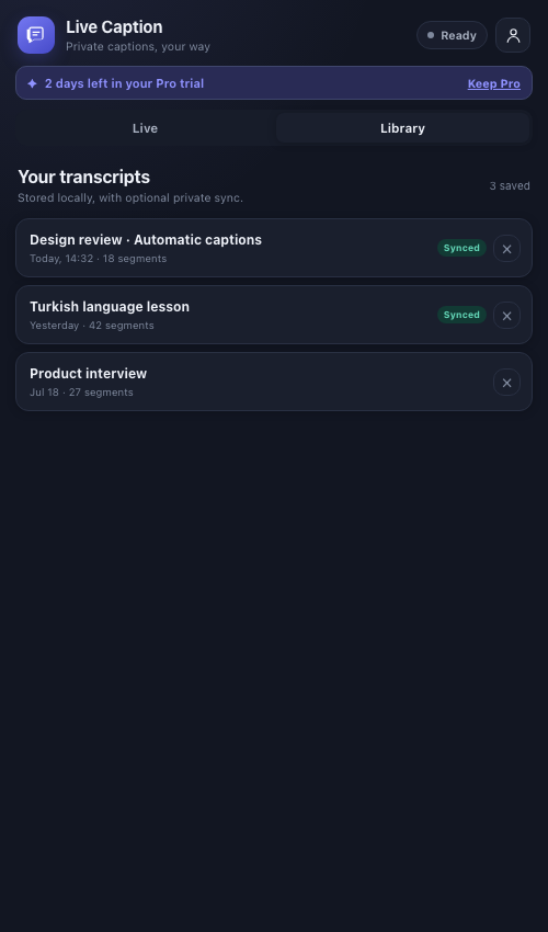 Live Caption transcript library with local and synced sessions